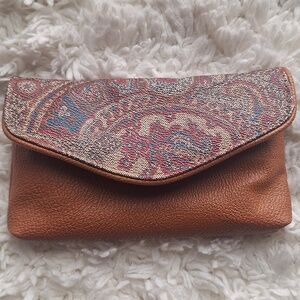 Vintage Brown Paisley Envelope Snap Leather Vinyl Wallet Pouch Clutch